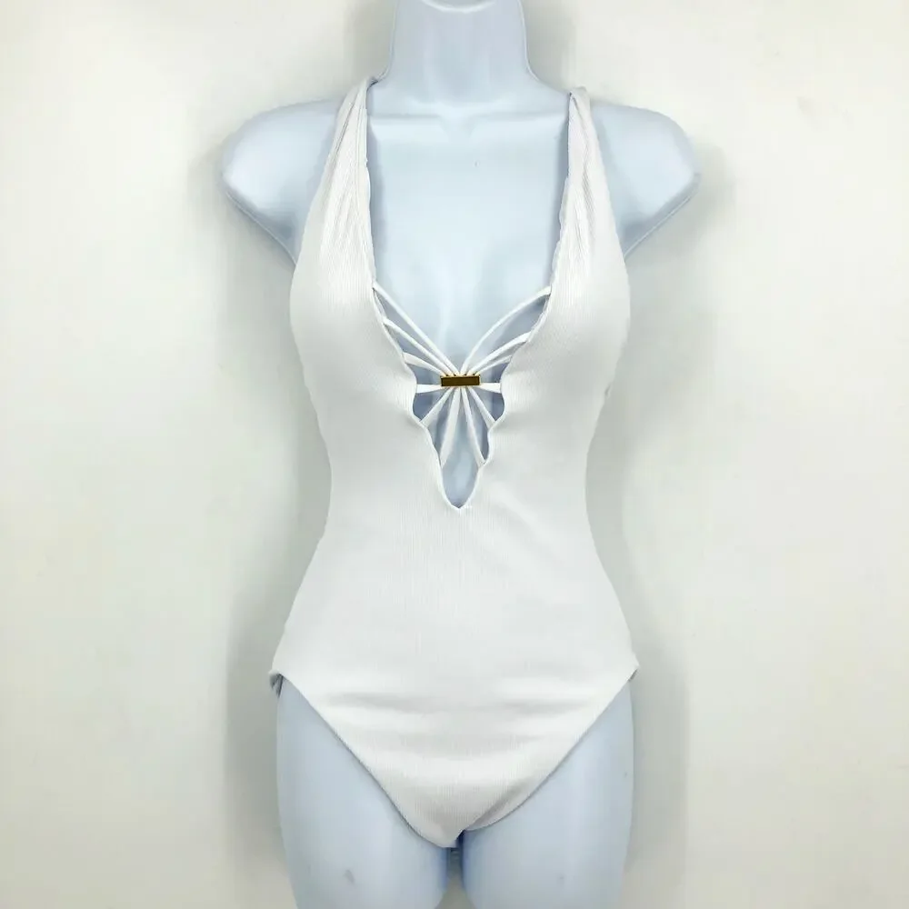 BECCA Women's Modern Edge Haley One Piece Swimsuit Large White Plunge Neck NWT